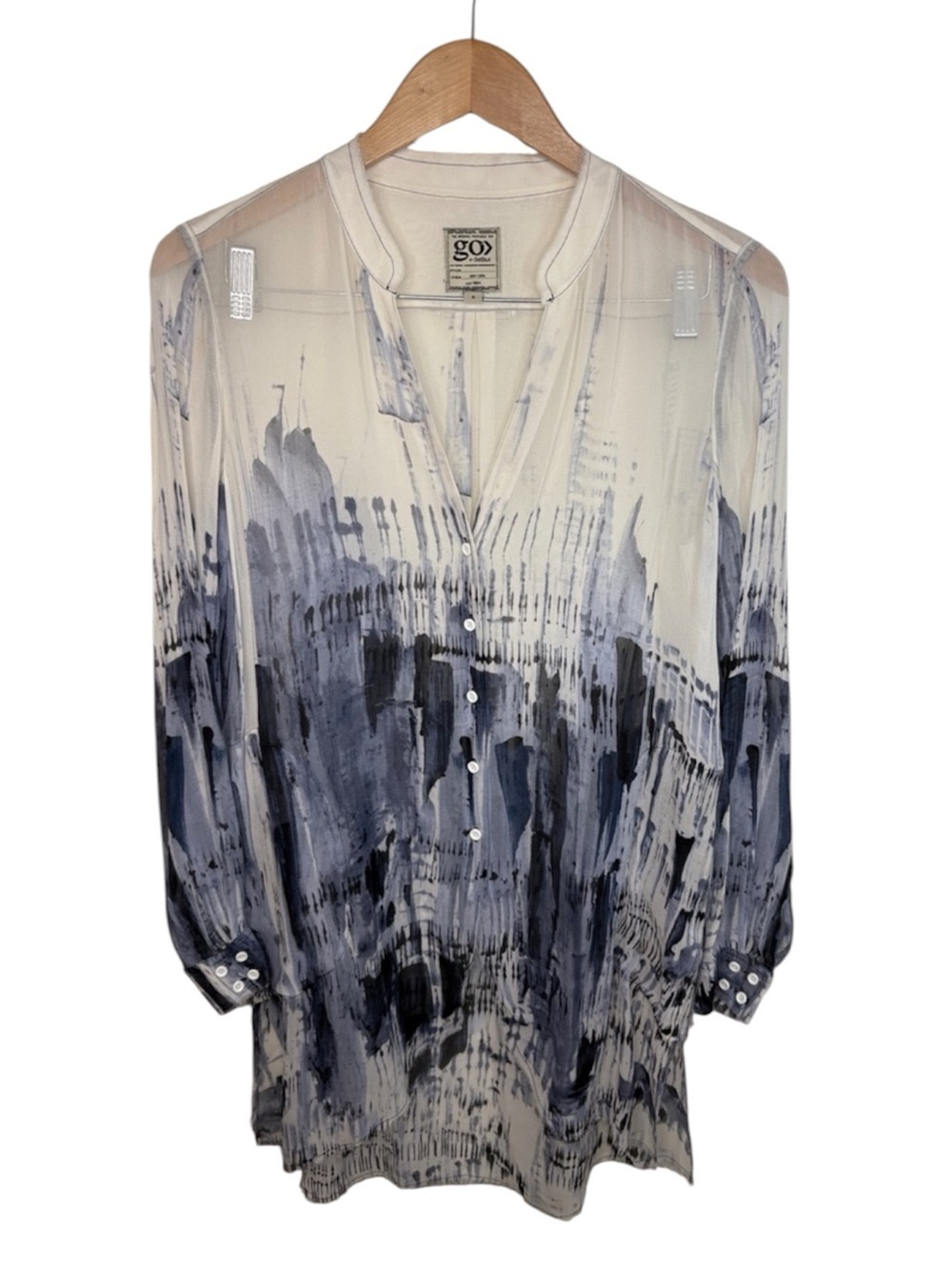 Go Silk White Blue Button Up Long Tunic Sheer Blouse Women Size S